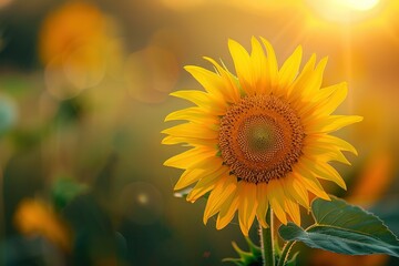 A close-up of a single sunflower, vibrant yellow petals, detailed texture of the center, set against a soft, blurred meadow background with warm sunlight filtering through