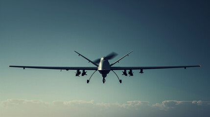 A stylish modern military combat UAV is flying across the sky. The sky is blue, clear, the sun is shining