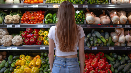 A young girl chooses products in a supermarket