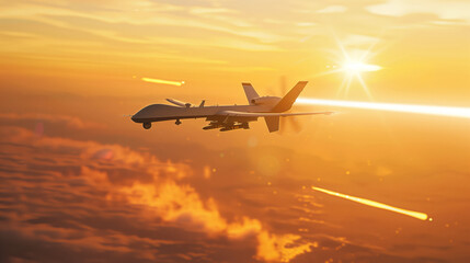 A modern military combat UAV flies across the sky against the background of the bright sun. Missiles shoot down an enemy drone