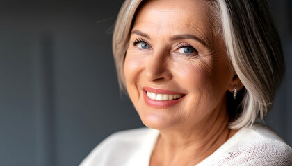 The pleasant-looking middle-aged woman, smiling towards the camera in close-up