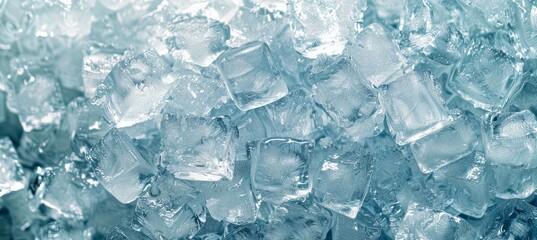 Cold blue ice cubes panorama on bluish background, perfect for refreshing banners