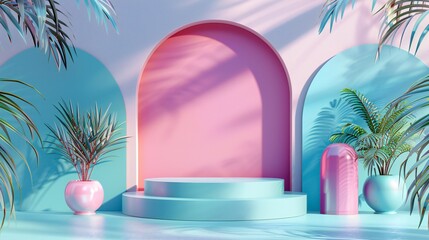 Tropical-themed mockup podium with geometric accents, creating an inviting setting for summer product launches.