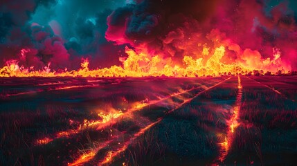 Neon-hued Wildfire Rages Across Landscape,Consuming All in Its Fiery Path Yet Leaving a Fertile Field in its Wake - A Symbolic Representation of