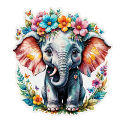 Elephant Sticker Colorful Elephant Bliss A Bouquet of Joy Surrounds the Cartoon Elephant Sticker on Transparent Background, Adorned with Vibrant Flowers and Rainbow Butterflies - Generative AI
