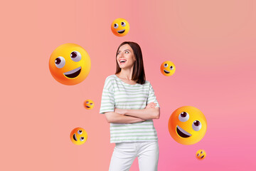 Creative collage picture young pretty carefree cheerful woman smiling emoticon face expression...