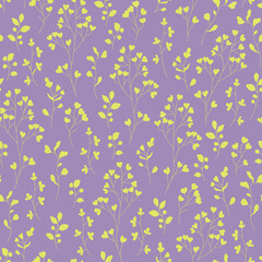 Vector seamless pattern with hand drawn wild flowers. Seamless linear texture with decorative leaves. Endless hand drawn purple yellow. Template for design of textiles, background, packaging, wrapping