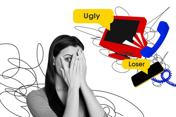 Composite photo collage of upset girl hide face receiver talk iphone screen monitor pc cyberbully hate isolated on painted background