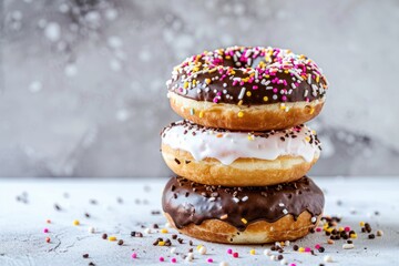 Elegantly stacked chocolate and white frosted donuts with sprinkles against a textured gray background