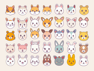 a bunch of different animal faces on a white background