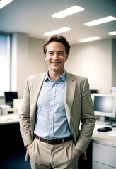 Obraz premium Relaxed businessman in the office wearing a pale suit and blue shirt.