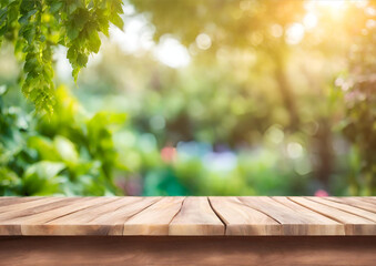 Wooden table top on blur garden background. For montage product display or design key visual layout