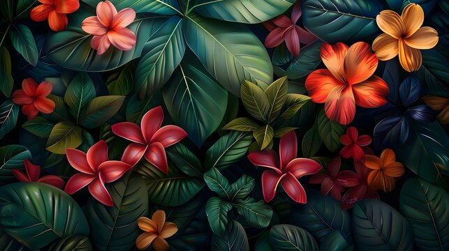 Vibrant of Allelopathy - Lush Tropical Foliage and Blooms in Digital Photorealism
