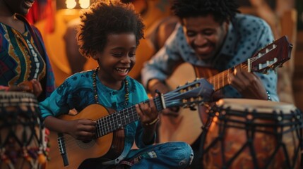 A harmonious family music jam session with various instruments and smiles all around, expressing creativity and harmony on International Day of Families