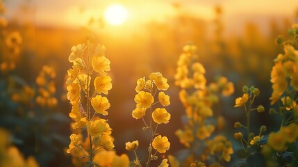 A portrait of a field of yellow flowers with sundown scenery with space for text or product advertisement background or a landscape, Generative AI.