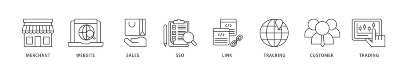 Affiliate marketing icons set collection illustration of trading, seo, tracking, customer, link, sales, website, merchant icon live stroke and easy to edit 