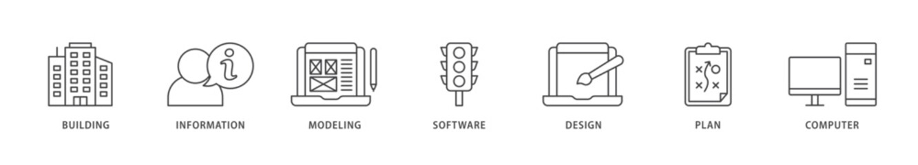 BIM icons set collection illustration of building, information, modeling, software, design, plan, and computer icon live stroke and easy to edit 