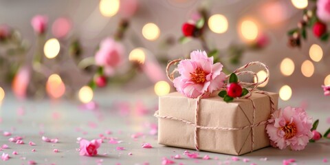 A handcrafted present tied with twine, accompanied by delicate pink flowers and petals on a soft background.