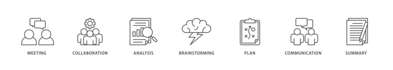 Brief icons set collection illustration of meeting, collaboration, analysis, brainstorming, plan, communication, and summary icon live stroke and easy to edit 