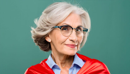 The elderly woman wearing a red superhero cape smiled and looked into the camera