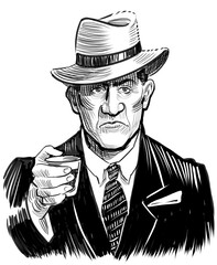 Man in suit and hat drinking a glass of whiskey. Hand drawn black and white illustration