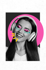 Vertical picture collage cheerful pretty smiling girl headphones smile music listener joyful...
