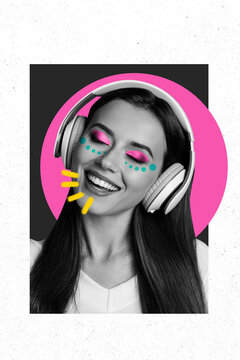 Vertical picture collage cheerful pretty smiling girl headphones smile music listener joyful positive mood drawing background