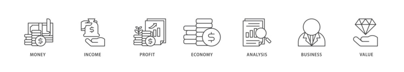 Cash flow icons set collection illustration of money, income, profit, economy, analysis, business, and value icon live stroke and easy to edit 
