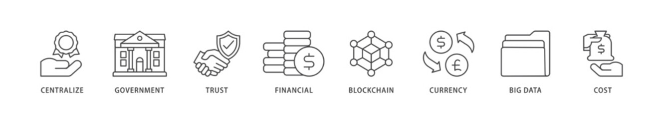 Cbdc icons set collection illustration of centralize, government, trust, financial, blockchain, currency, big data and cost icon live stroke and easy to edit 