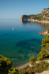 The beautiful Cala LLentrisca cove near Es Cubells, Ibiza, Balearic Islands, Spain
