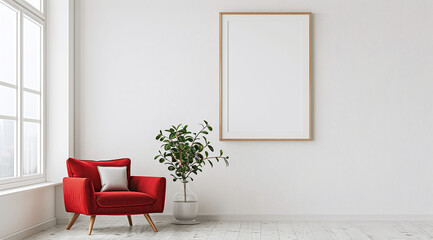 Red armchair and decorative plant next to an empty frame on a white wall with sunlight and shadows. Interior design mockup with copy space. Minimalist home decor concept for design and print. 