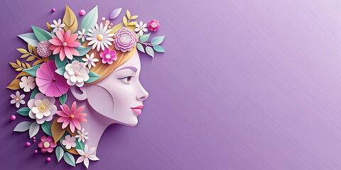 Beautiful illustration of face and flowers style paper cut with copy space for international women's day