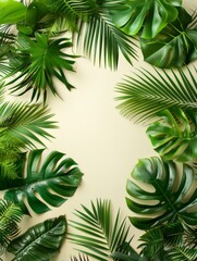 Fototapeta na wymiar Green tropical, palm leaves, leaf branches on white background. flat lay, top view