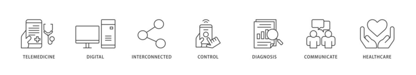 Digital health icons set collection illustration of e health, telemedicine, interconnected, smartwatch, diagnosis, email, and medical app icon live stroke and easy to edit 