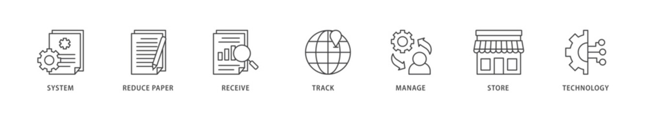 Document management icons set collection illustration of system, reduce paper, receive, track, manage, store, cloud and technology icon live stroke and easy to edit 
