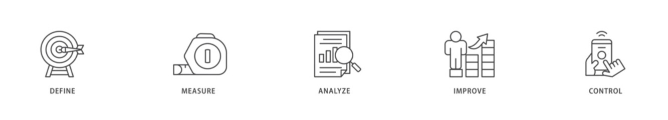 Dmaic icons set collection illustration of management, performance, development, target icon live stroke and easy to edit 