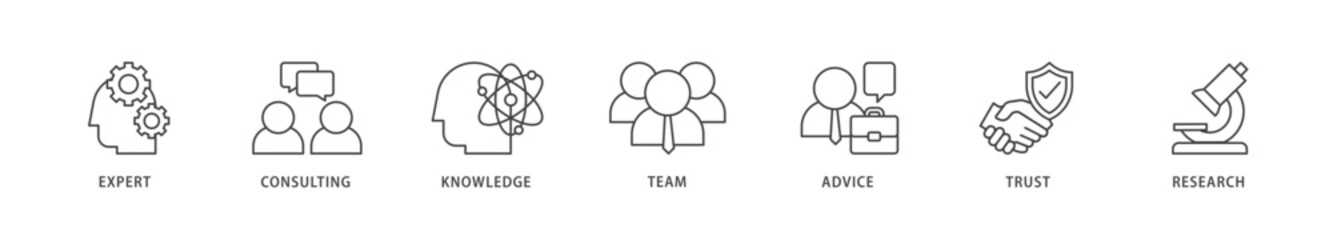 Expertise icons set collection illustration of expert, consulting, knowledge, team, advice, trust, and research icon live stroke and easy to edit 