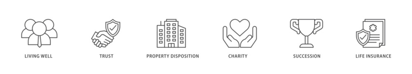 Estate planning icons set collection illustration of living well, trust, property disposition, charity, succession, life insurance icon live stroke and easy to edit 