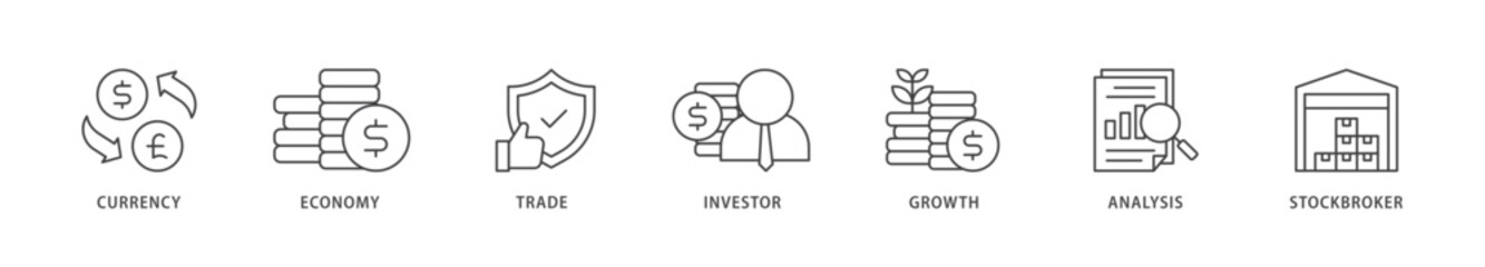 Forex icons set collection illustration of currency, economy, trade, investor, growth, analysis and stockbroker icon live stroke and easy to edit 