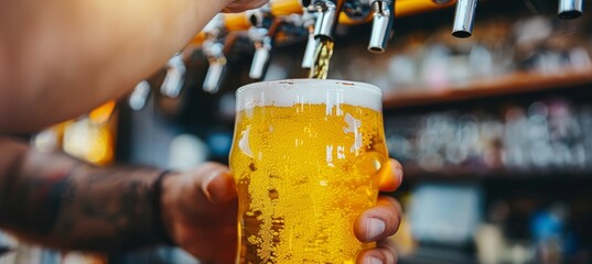 Close up shot of bartender s hands expertly pouring beer from tap for a perfect draft