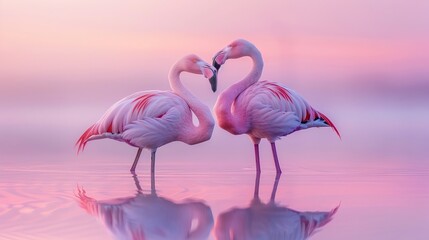 Two pink flamingos standing in a lake with a pink sky in the background