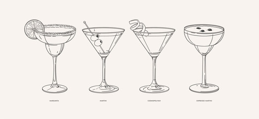 Obraz premium Margarita, Martini, Cosmopolitan, Espresso Martini. Set of popular alcoholic cocktails in linear style. Illustration for drinks cards, bar and wedding menus, cards and website graphics.