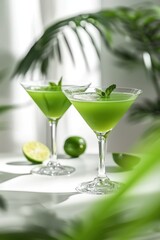 Two glasses filled with a green liquid cocktail, garnished with decorations, on a table