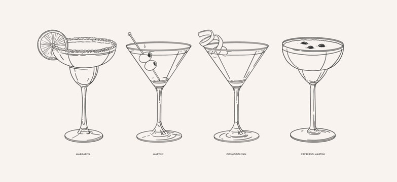 Margarita, Martini, Cosmopolitan, Espresso Martini. Set of popular alcoholic cocktails in linear style. Illustration for drinks cards, bar and wedding menus, cards and website graphics.