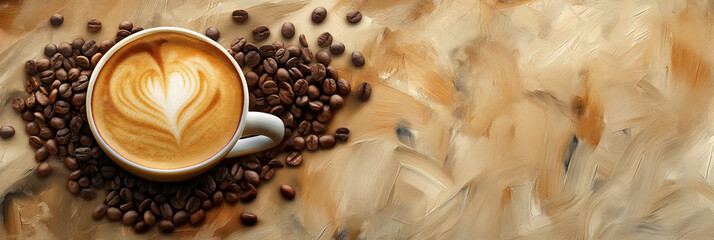 Heart-shaped latte art on a coffee cup surrounded by scattered coffee beans on a textured surface