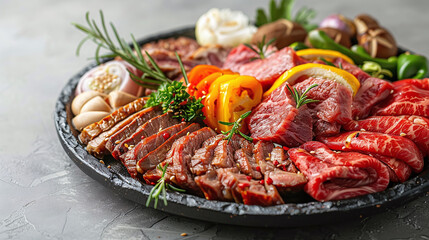 Yakiniku Beef Platter, Vibrant Vegetables, Textured Slate Background, Culinary Presentation