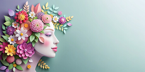 Beautiful illustration of face and flowers style paper cut  with copy space for international women's day