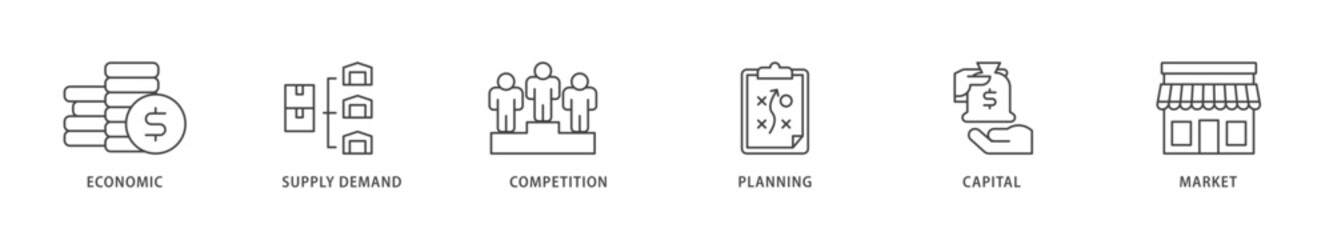 Market economy icons set collection illustration of economic, supply demand, competition, planning, capital, market icon live stroke and easy to edit 