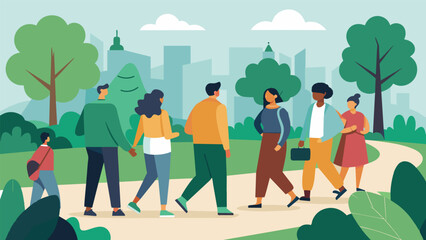 The group walks through a peaceful park learning about its origins as a gathering place for the community and its significance in promoting green. Vector illustration