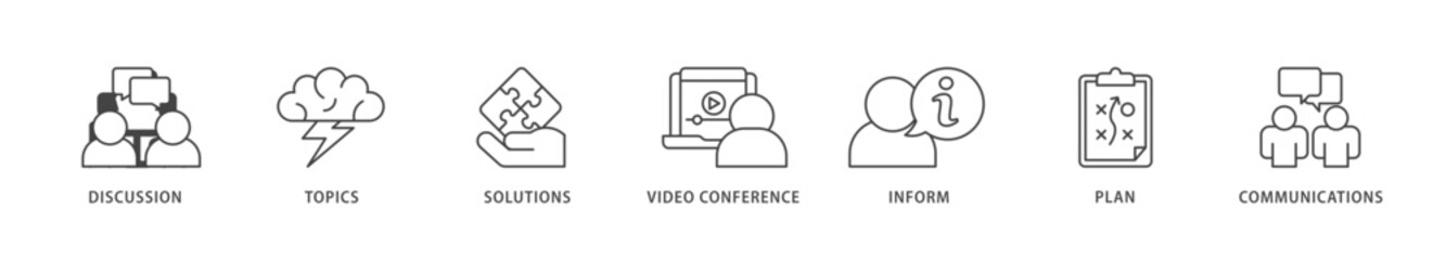 Meeting icons set collection illustration of communications, topics, solutions, plan, inform and video conference  icon live stroke and easy to edit 